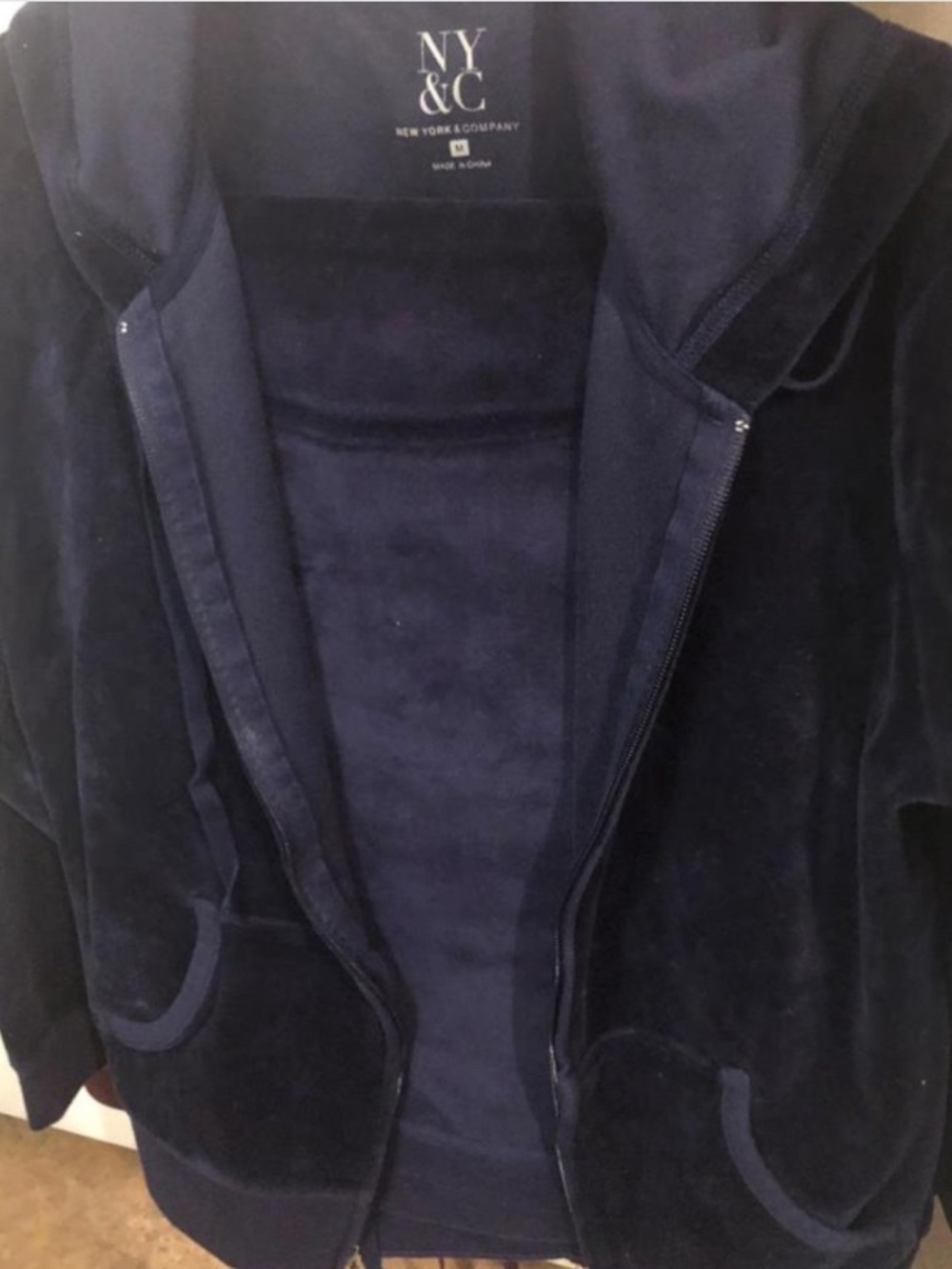 New York & Company Navy Velour Zip-Front Jumpsuit